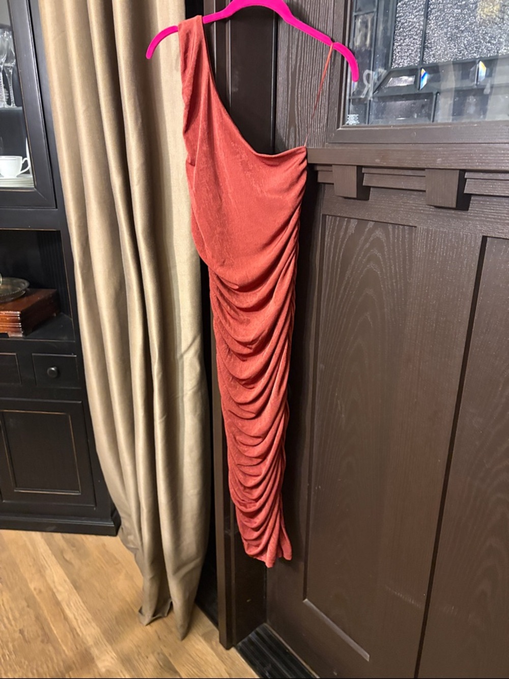 Ruched One-Shoulder Dress in Rust